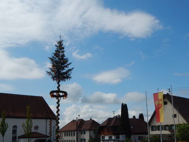 Der Maibaum steht auf dem Dorfplatz